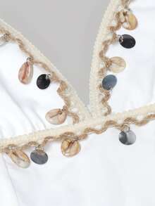 Qadelle 女士系带领口褶皱腰身优雅长裙，适合派对和各种场合 - 杏色 - 查看 7