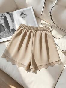 GlowEve CURVE Plus Size Women Elegant Khaki Summer Tea Party Shorts,High Waist Classic Lace Trim Fashion Versatile Outfits,Black Two Piece Set For Ladies Shorts - Apricot - View 2
