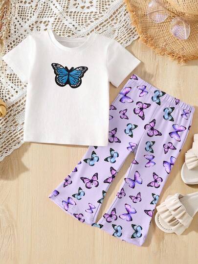 Baby Girl Butterfly Print Short Sleeve T-Shirt And Pants Casual Outfit