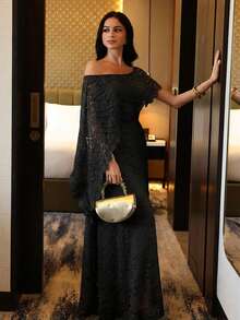 Modelyn Women's Elegant Asymmetrical Shoulder Long Dress For Party - Black - View 4