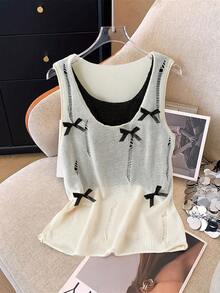 GlowEve CURVE 女士镂空蝴蝶结针织无袖休闲上衣，春夏款 - 杏色 - 查看 1