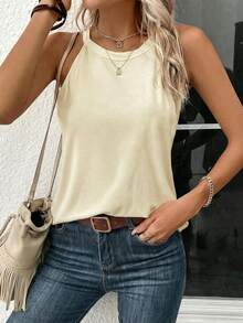 SHEIN LUNE Áo hai dây cổ yếm ôm sát, chất liệu 95% cotton, thích hợp mặc mùa hè. Áo cotton màu vàng, áo hè màu vàng, áo hai dây màu vàng, áo tank top màu vàng, áo nữ màu vàng. - Màu be - Xem 3