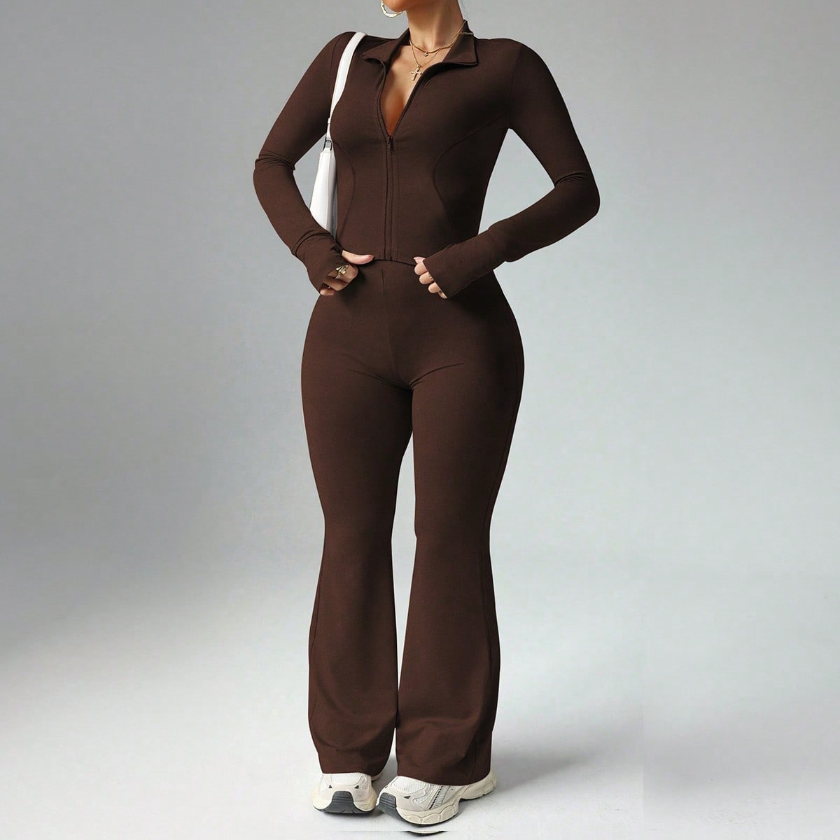 Conjunto de 2 piezas de chaqueta casual con cremallera y agujero para el pulgar, y pantalones acampanados de cintura alta para mujer talla grande