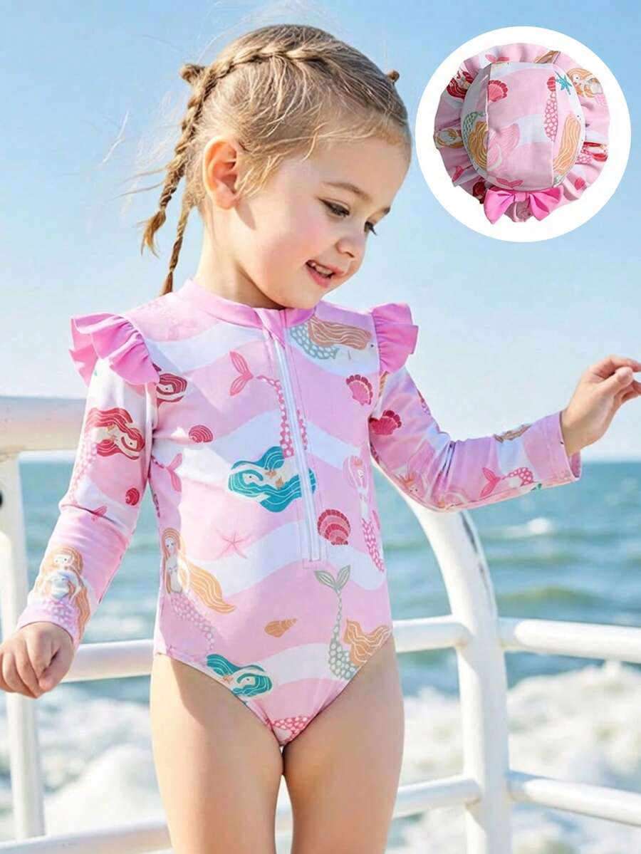1pc Young Girl One-Piece Swimsuit, Cute Cartoon Pattern, Zipper Design, With Adorable Hat, High Quality Fabric Toddler Girl Long Sleeve Swimsuit Girls Bathing Suits With Rash Guard Swimwear Set 3pcs Girls Longsleeve Kids Girl Rash Guard Flamingo Swimsuit Kids Kids Girl Rash Guard 2 Piece Girl Rash Guard Swimsuit Kids Girls Bathing Suit Long Sleeve Uv Protection Swimwear Girl Toddler Swim Wear Girls Swimwear Modest