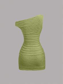 Sweetra Y2K Sexy Asymmetrical Shoulder Textured Fabric Pleated Vacation Dress - Green - View 2