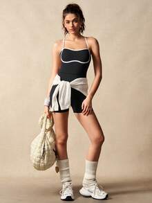 VARSIVA Backless Halter Neck Romper - Black and White - View 9