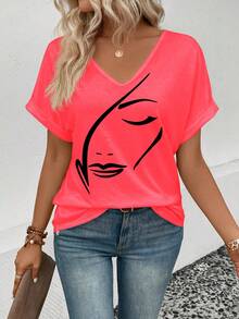 Selamara Áo thun nữ tay ngắn cổ chữ V in họa tiết trừu tượng, kiểu dáng thường ngày, đa năng, bán chạy nhất, hàng mới về. - Đỏ - Xem 6