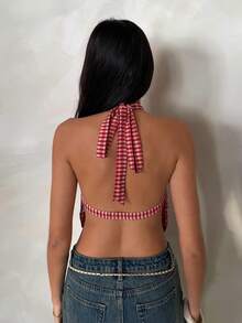 Glamine Retro Plaid Backless Spaghetti Strap Camisole Top For Women, Summer Vacation Style - Red - View 6