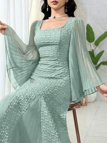 Feyla 女士纯色简约方领长袖连衣裙 - 綠色 - 查看 4