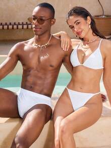 Manfinity VDAYZ Men's Solid Color Rhinestone Decorated Triangle Swim Trunks,Matching All White,Summer,Modest,Party,Holiday Couples Swim Set His And Hers Bathing Suit - White - View 3
