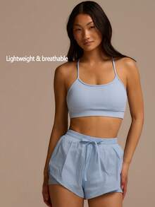 Fluxe Women's Solid Color Drawstring Waist Casual Loose Shorts,Summer Workout Sets For Women,Sportswear Blue,Beach Vacation Outfits, Outfits,Party - Mauve Purple - View 10