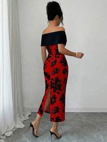 SHEIN Elenzya 露肩蝴蝶结撞色腰身修身印花面料优雅浪漫简约女式连衣裙 - 彩色 - 查看 2