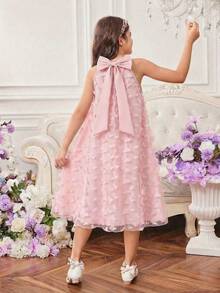 SHEIN 优雅奢华少女连衣裙，可爱公主裙，杏色立领，精致刺绣花卉装饰，无袖A字廓形，华丽公主裙 - 粉色 - 查看 2