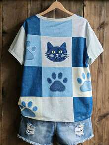 Camiseta casual cómoda con cuello redondo y estampado de gato vintage patchwork para mujer, adecuada para uso casual diario - Neblina azul - Ver 2