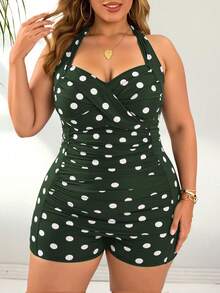 Swim Lushoire 大码女士波点双色印花挂脖交叉前褶皱修身连体泳衣，优雅休闲日常海滩度假款 - 墨綠色 - 查看 1