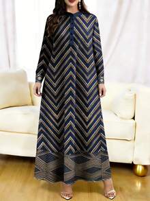 SHEIN Najma 女士标准尺码复古几何花卉印花橄榄绿春秋季时尚纽扣领长袖连衣裙 - 彩色 - 查看 5