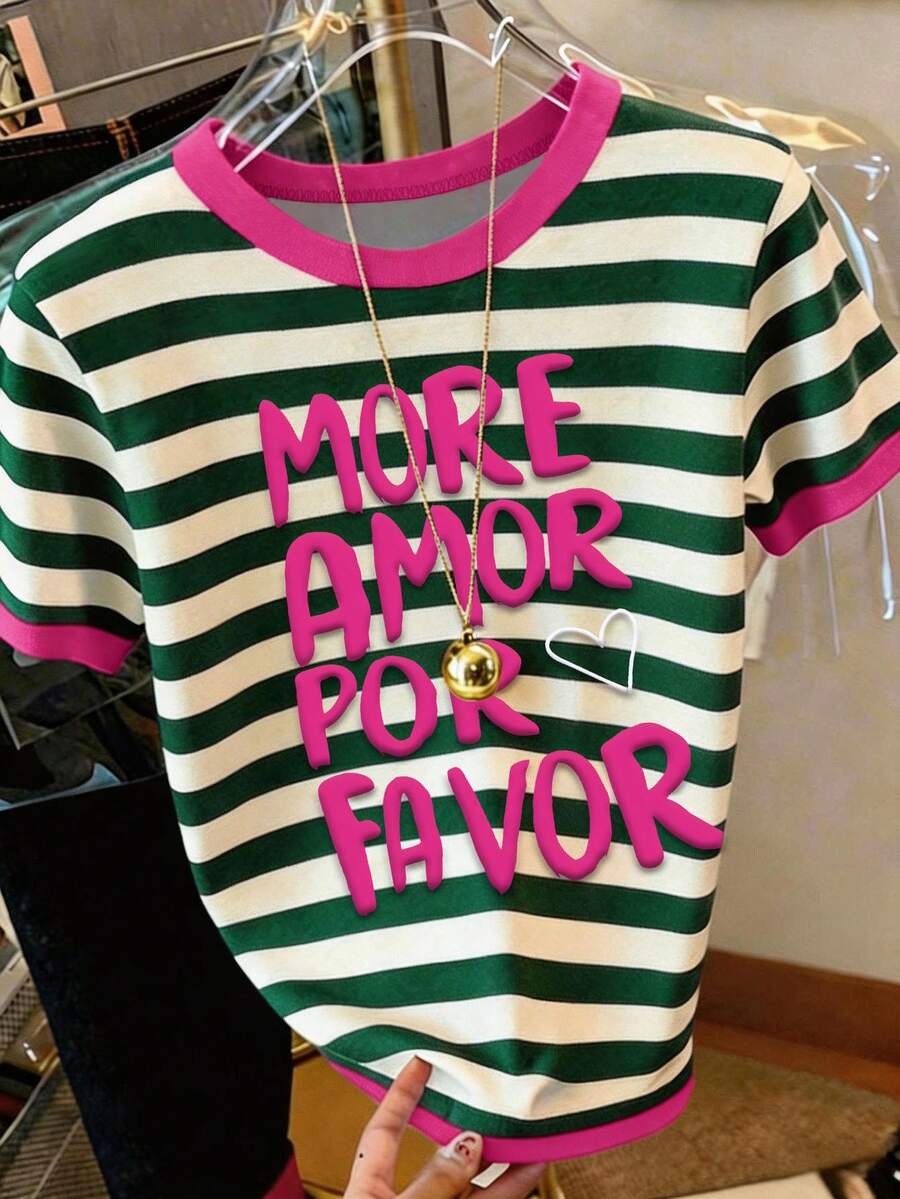 SHEIN LUNE 女士T恤，休闲街头风印花短袖T恤，可爱夏季上衣，适合少女，女士夏季印花T恤，可定制T恤，女士夏季上衣，女士T恤，女士服装T恤，条纹T恤 - 白色 - 查看 1