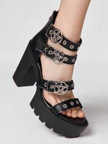 ROMWE Goth 女士哥特风厚底凉鞋，朋克摇滚风格搭扣露趾粗跟高跟鞋 - 黑色亞光 - 查看 4