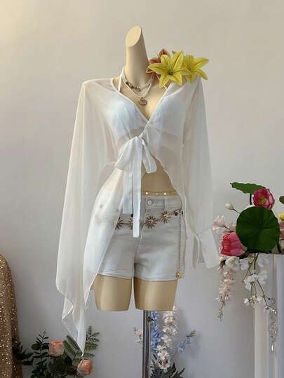 SuriyaCove 女士夏季沙滩度假系带长衬衫