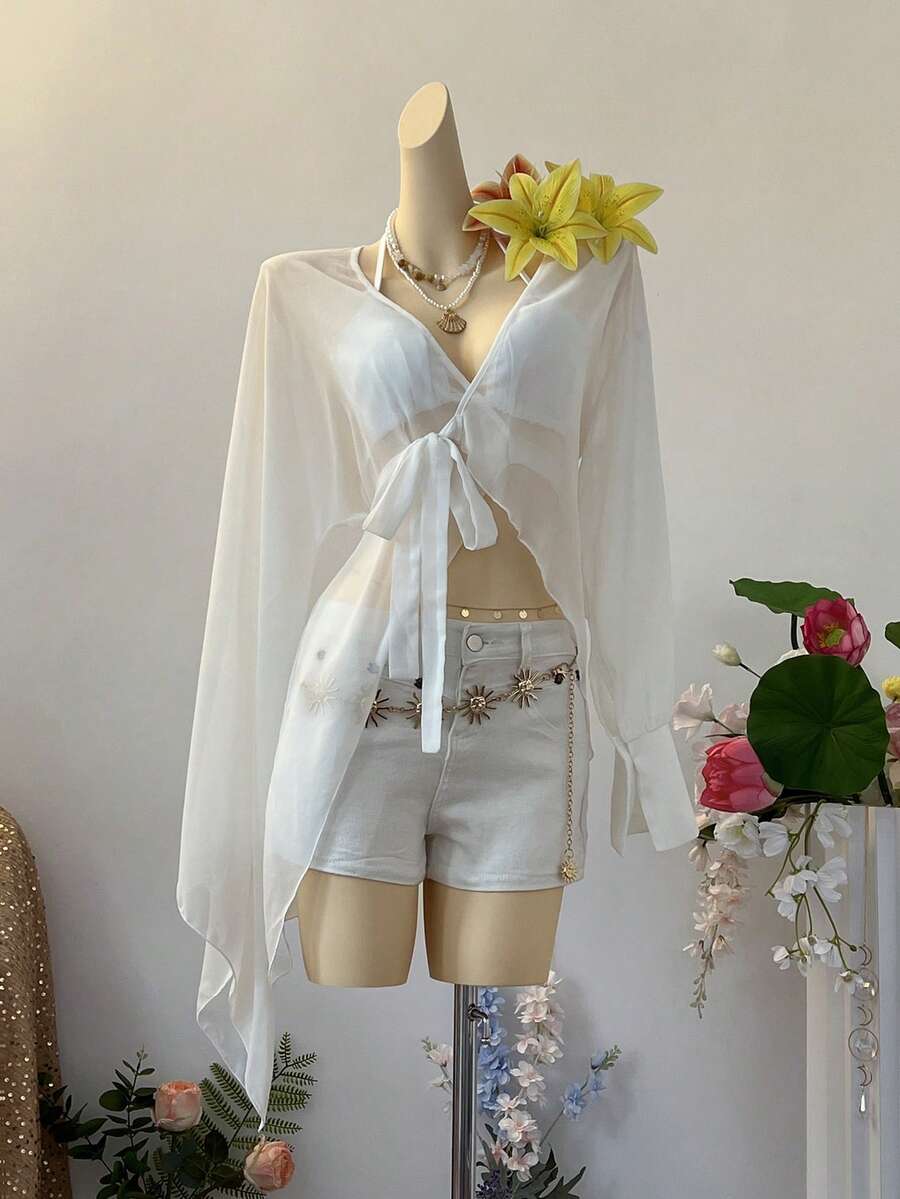 SuriyaCove 女士夏季沙滩度假系带长衬衫 - 白色 - 查看 1