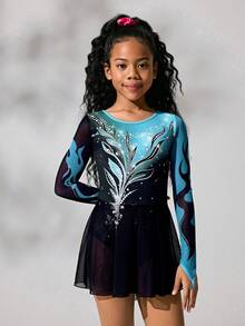 SHEIN Bộ đồ thể thao trượt băng nghệ thuật tay dài dành cho bé gái tuổi teen, thiết kế ombre nhiều màu sắc, váy lưới mềm mại và co giãn, thoải mái cho biểu diễn và luyện tập trượt băng nghệ thuật. - Nhiều màu - Xem 7
