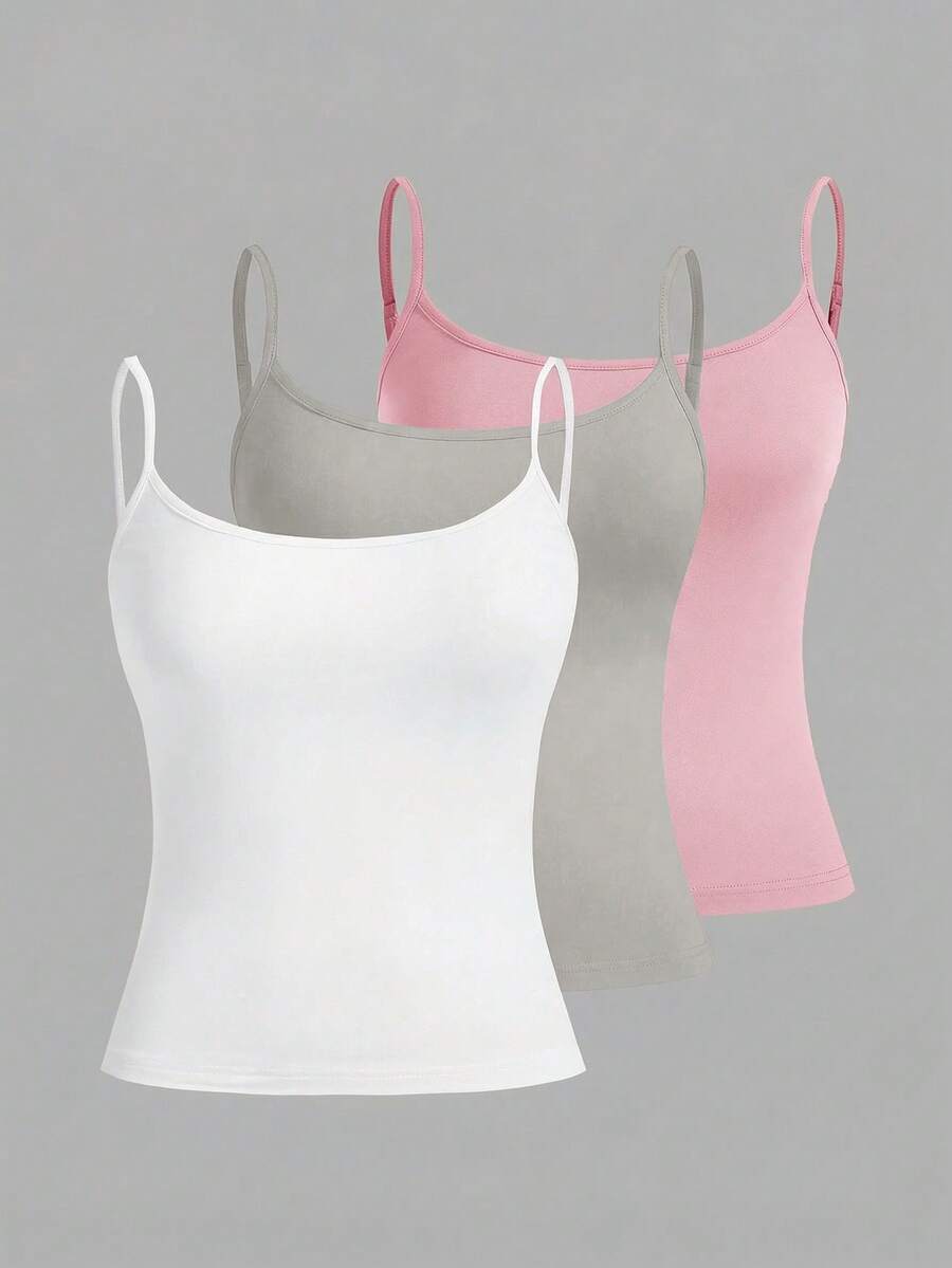 SHEIN EZwear 3件套女士吊带露脐紧身背心，适合夏季，粉色、灰色、白色 - 彩色 - 查看 1