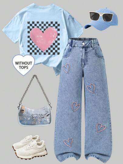 Genkimix Kids Jeans rectos y sueltos de estilo lindo para niñas preadolescentes, de mezclilla azul claro con diseño de bordado de corazón rosa, tela suave y cómoda, adecuados para la escuela, el transporte y el uso casual diario