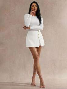 Glamine Váy ngắn mini thường ngày viền xẻ nút màu trơn dành cho nữ - trắng - Xem 3