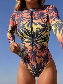 Swim SPRTY Women Palm Tree Printed Zipper Front Long Sleeve One-Piece Swimsuit, Random Print Summer - Multicolor - View 3