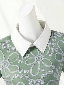 SHEIN 菱形领，提花织纹面料，法式A字长裙，优雅高腰修身，时尚优雅，适合少女夏季穿着的中长连衣裙，女士夏季连衣裙，彼得潘领连衣裙，短袖连衣裙，印花连衣裙 - 綠色 - 查看 4