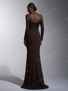 Elitara Elitara Elegant, Romantic, Sexy, Minimalist, Brown, Beaded Fabric, Stretchy Fabric, Long Sleeve, Fishtail Hem, Fashionable, Holiday, Vacation, Birthday Party, Wedding Event, Formal Dinner Dress - Coffee Brown - View 3