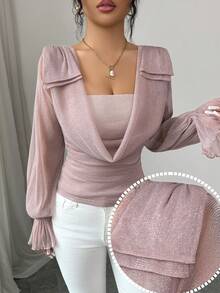 Modelyn Women's Elegant Commuter Shiny Draped Neck Cinched Waist Blouse,Pink Top - Pink - View 4