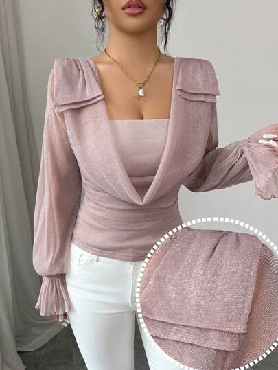 Modelyn Blusa elegante de mujer con cuello drapeado brillante y cintura ceñida para uso diario