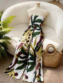 Airaco Women's Casual Tropical Print Bandeau Jumpsuit - Apricot - View 2