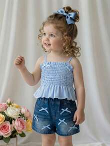 SHEIN Vintaside Kids Adorable Baby Girls Polyester Blue Sleeveless Tank Top And Short Set With Plant Pattern And Bow Details - Blue - View 3