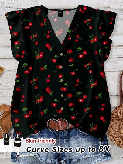 EMERY ROSE Plus Size Cherry Print Casual Loose Blouse For Women, Suitable For Summer