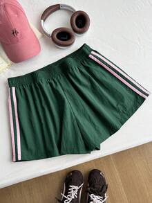 Comfortcana Plus Size Women Retro Sports Style Casual Brown Contrast Stripe Shorts - Green - View 3