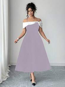 SHEIN PETITE Gaun A-Line Midi Wanita Ukuran Plus Elegan dengan Blok Warna, Tali Bahu Tipis, Bahu Terbuka, dan Pita, Musim Panas - Purple - View 5