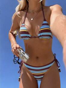 Swim Vcay Summer Vacation Sexy Striped Beaded Halter Backless Triangle Cup Bikini Set - Multicolor - View 1