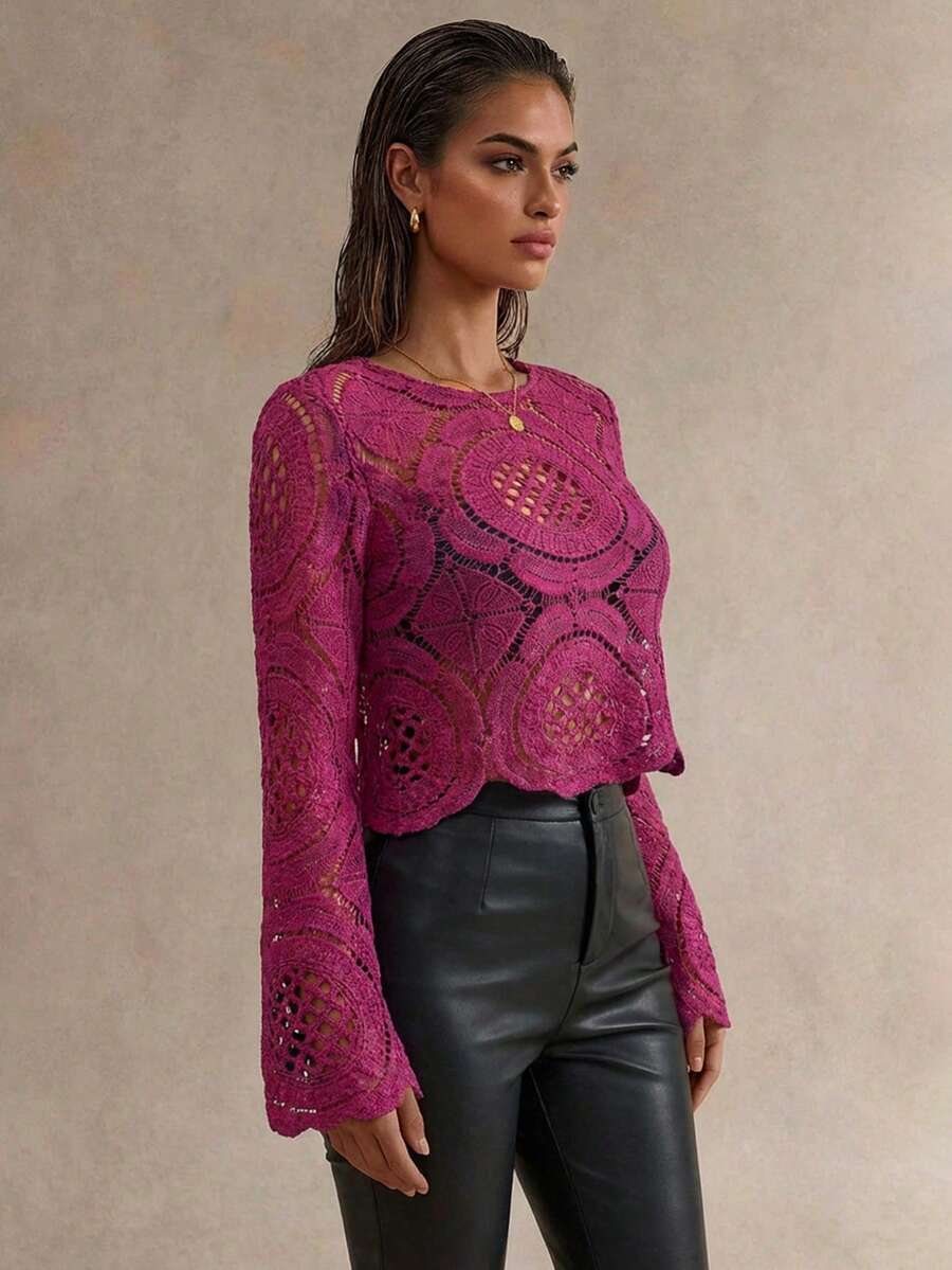 SHEIN Allurite 女士优雅高领水溶性花卉图案薄纱衬衫 - 玫紅色 - 查看 1