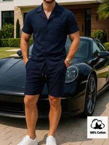 Manfinity Homme 男士纯色短袖单排扣口袋衬衫短裤休闲套装，男士度假两件套，夏季蓝色两件套，男士藏蓝色套装，适合日常休闲、周末旅行、户外活动、探险旅行、轻松的工作环境或半正式场合，可作为男友/丈夫礼物、周年纪念/生日礼物、派对夏季假期、沙滩装、夏威夷婚礼以及春夏穿着。 - 寶藍色 - 查看 1