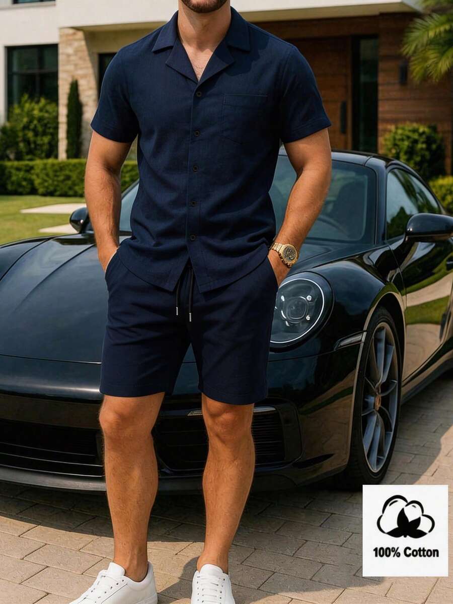 Manfinity Homme 男士纯色短袖单排扣口袋衬衫短裤休闲套装,男士度假两件套,夏季蓝色两件套,男士藏蓝色套装,适合日常休闲、周末旅行、户外活动、探险旅行、轻松的工作环境或半正式场合,可作为男友/丈夫礼物、周年纪念/生日礼物、派对夏季假期、沙滩装、夏威夷婚礼以及春夏穿着。 - 寶藍色 - 查看 1