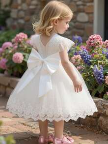 Glamorique Kids 女婴公主裙，节日正式礼服，白色薄纱泡泡袖连衣裙，花童礼服，生日派对礼服，婚礼礼服，柔软面料，蕾丝薄纱裙摆，适合正式场合，钢琴演奏会，演出，主持活动，拍照，夏季，欧美风格白色复活节连衣裙，圣餐婴儿礼服，女婴花卉刺绣贴花泡泡袖撞色网纱连衣裙，白色女婴连衣裙，女婴洗礼服 - 白色 - 查看 7