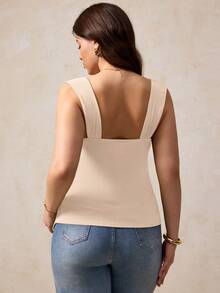 Elegantrix 大码女士优雅简约圆领褶皱金属装饰针织吊带背心，适合春夏度假穿着 - 杏色 - 查看 2