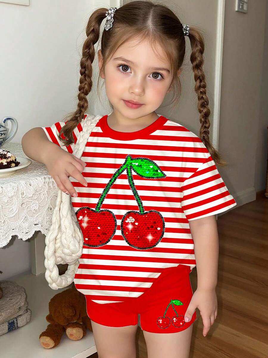SHEIN Set de 2 piezas con parte superior de manga corta y shorts con estampado de cerezas a rayas rojas vintage, adecuado para verano, conjunto de ropa de verano linda para niña - Multicolor - Ver 1