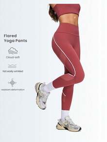 Gameset SHEIN Sport Women's Mauve High Waist Leggings With Mesh Panels & White Contrast Piping,Compression Curved Contrast Line,Skin Friendly Fit Lifting Leggings - Burgundy - View 6