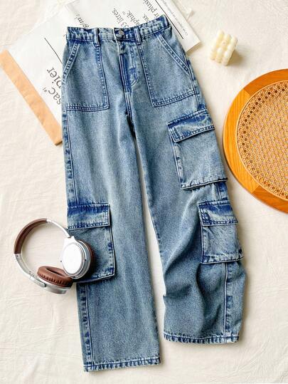 SHEIN Tween Boys' Casual Retro Vintage Washed Blue Denim Jeans, Multi-Pocket Design Wide Leg Pants