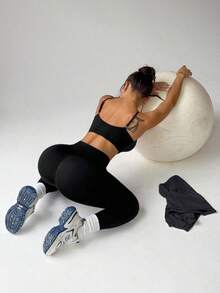 Rhythm Era Plus Size Black Seamless Camisole Long Sleeve Top And Pants Sports Suit Curve Leggings Women's Gym Wear Black Workout Set Athleisure For Women Gym Outfit For Women Women's Workout Set Black Activewear Set - Black - View 8