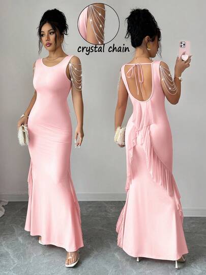 Elenzga Đầm dạ hội dáng đuôi cá không tay màu hồng lãng mạn, chất liệu co giãn, họa tiết dây pha lê, lưng khoét sâu, viền bèo nhún, thích hợp cho đám cưới, tiệc tùng, kỳ nghỉ, thanh lịch và đa năng.