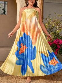 EMERY ROSE Plus Size Boho Pleated Halter Sleeveless Multicolor Long A Line Dress For Beach Vacation - Multicolor - View 7